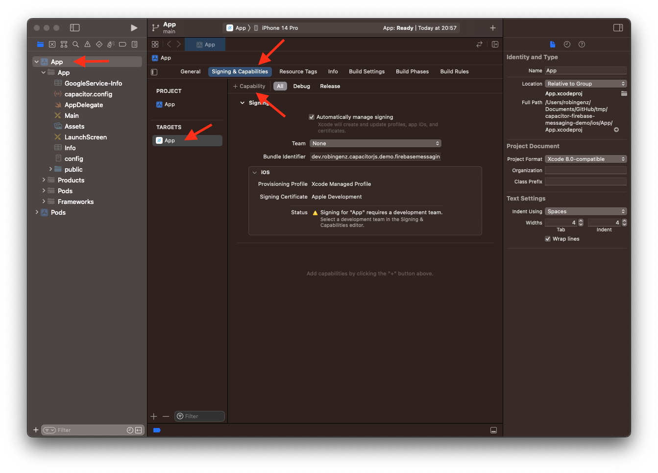 Enable Push Notification capabilities in XCode