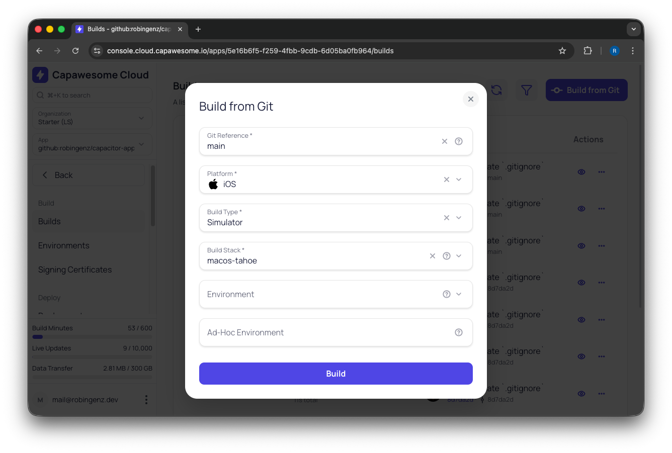 Creating an iOS build in the Capawesome Cloud Console