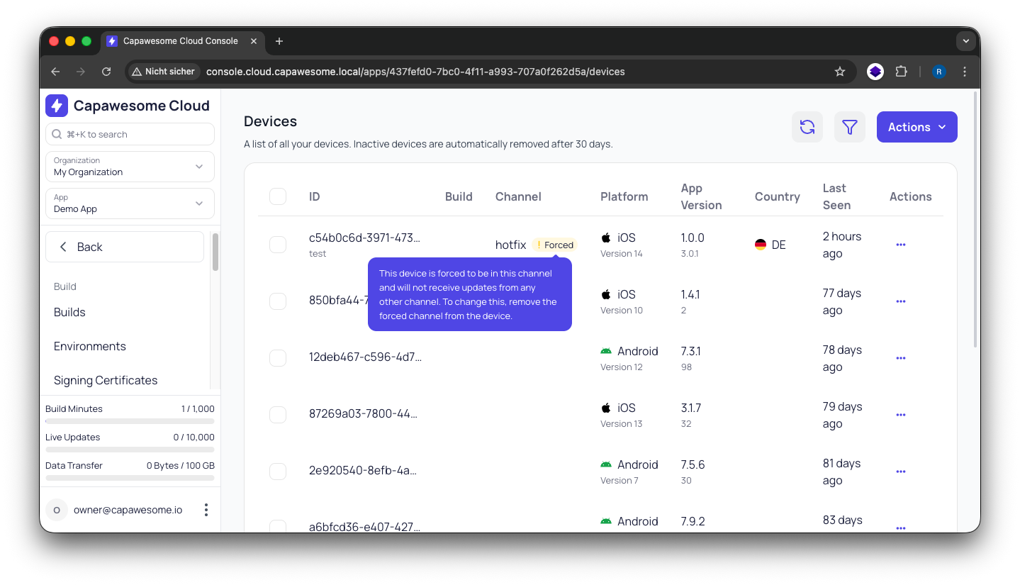 Capawesome Cloud Devices with Forced Channel