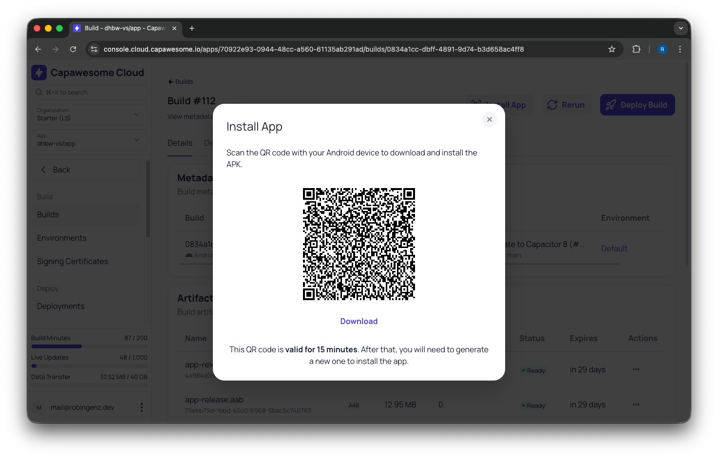 Install App dialog for Android in Capawesome Cloud