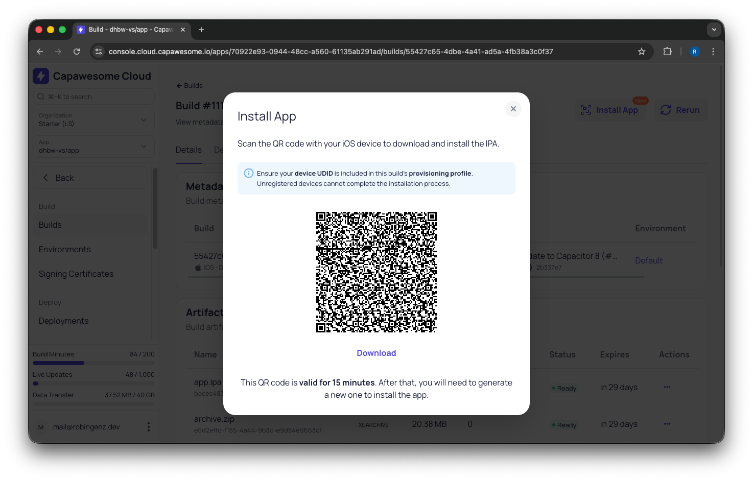 Install App dialog for iOS in Capawesome Cloud