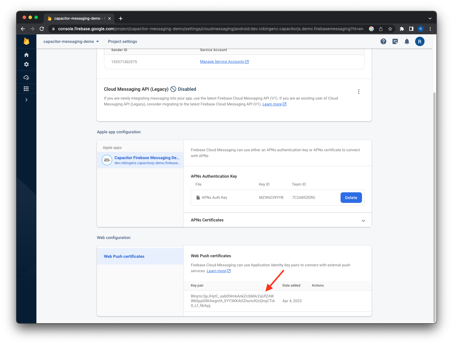 Generate key pair in Firebase